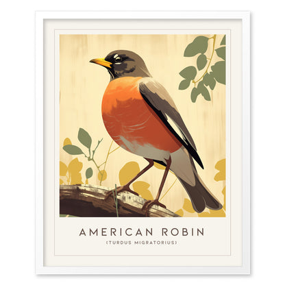 Illustration of an American Robin perched on a branch, featuring a vivid red breast against a soft beige background with green and yellow leaves. Framed with the label American Robin.