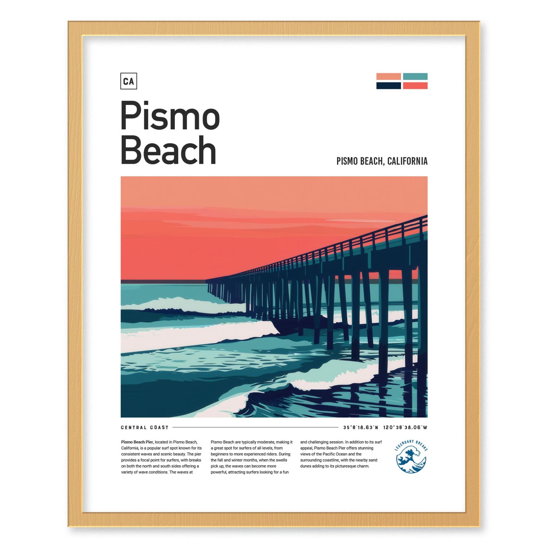 Pismo Beach Pier Surf Spot Framed Poster | Central Coast California Surfer Wall Art | CA Travel Print Modern Wave Design Surfing Gift - Swell Scenes