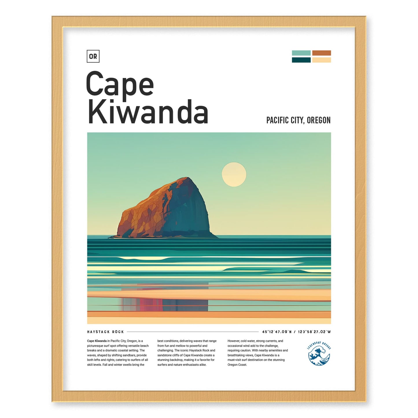 Cape Kiwanda Oregon Surf Spot Framed Poster | Pacific City OR Beach Surfing Wave Wall Art | Haystack Rock Minimal Design Surfer Travel Print