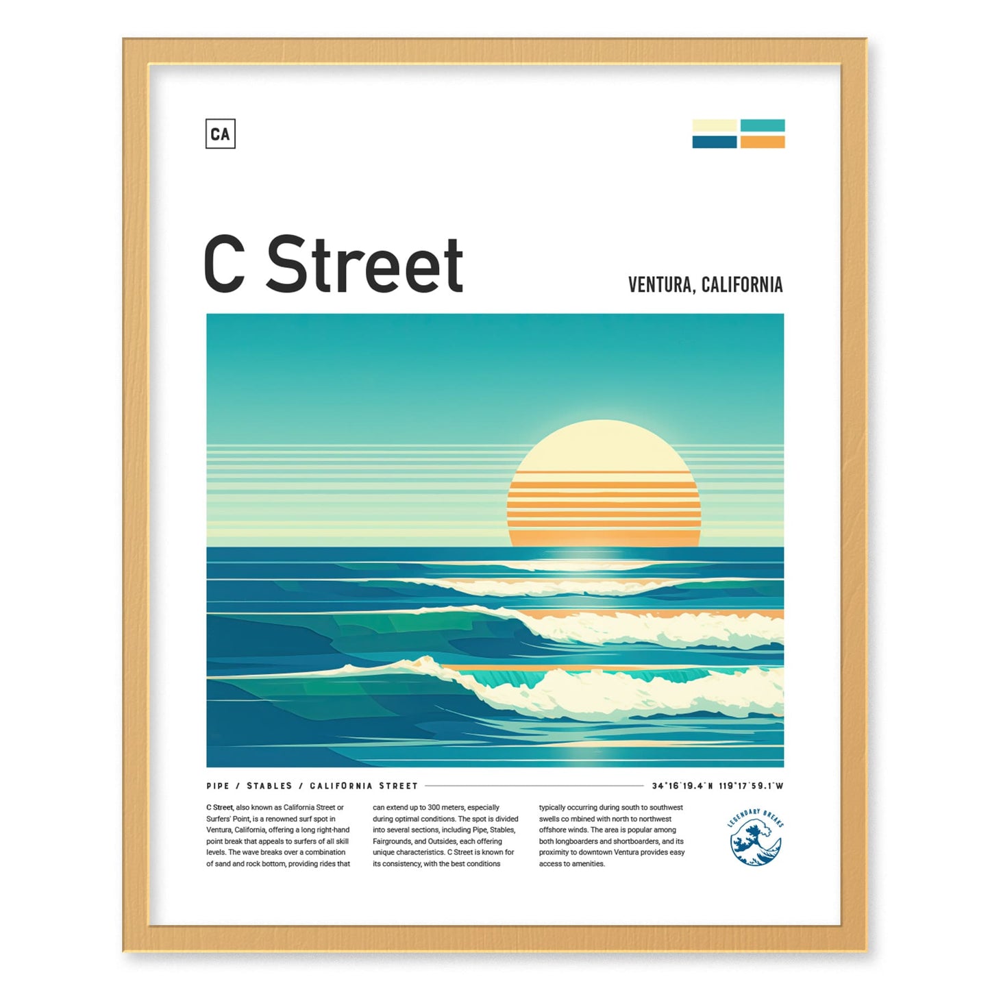 C Street Ventura California Surf Spot Framed Poster | CA Beach Surfing Wave Wall Art | Minimal Design Surfer Travel Print