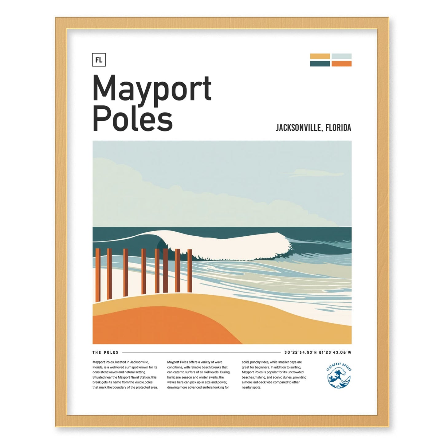 Mayport Poles Jacksonville Surf Spot Framed Poster | Jax Beach Florida Wave Wall Art | FL Travel Print Surfer Decor | Minimalist Design Surfing Gift