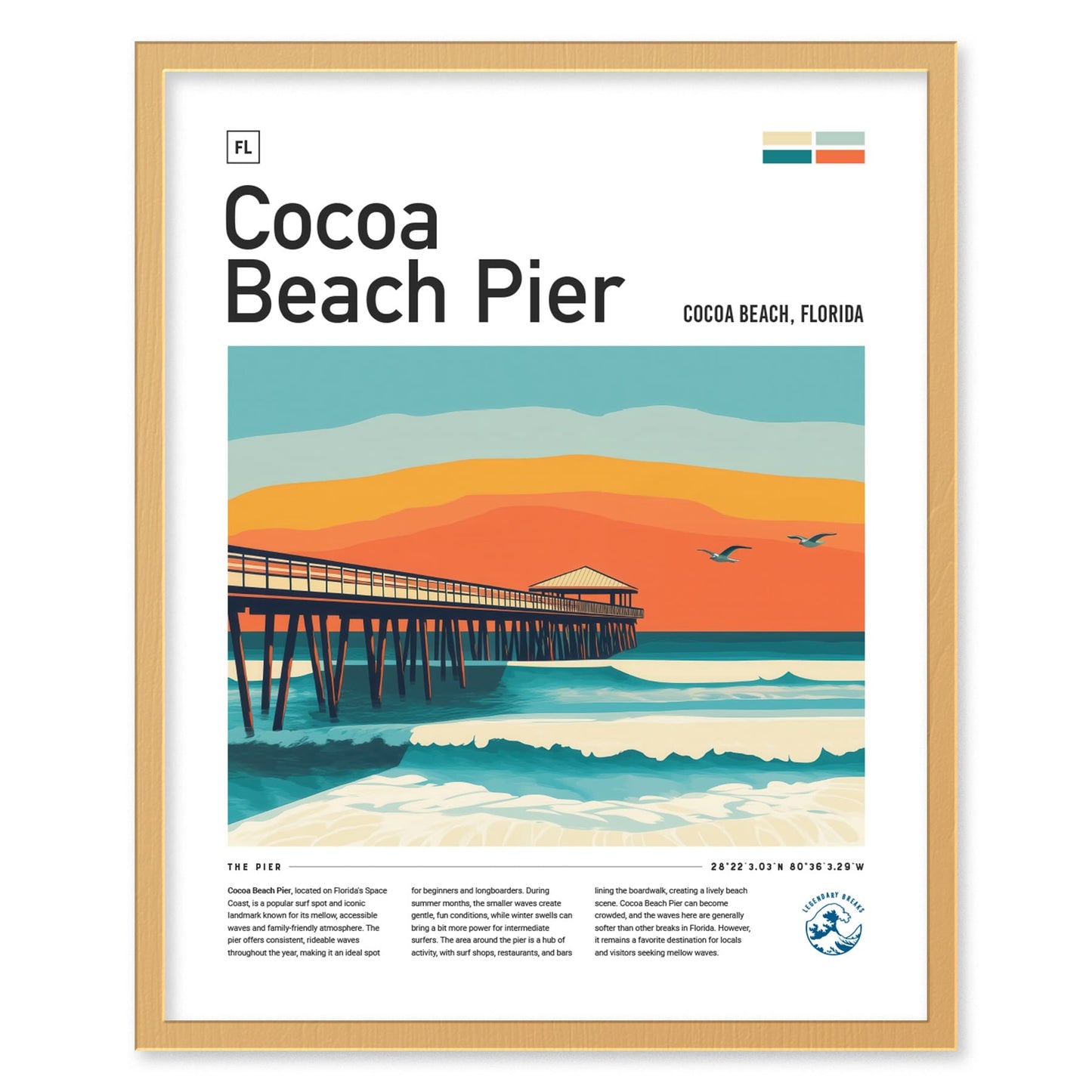 Cocoa Beach Pier Florida Surf Spot Framed Poster | Ron Jon Wave FL Travel Print | Kelly Slater Surfing Beach House Decor | Minimalist Design Surfer Gift