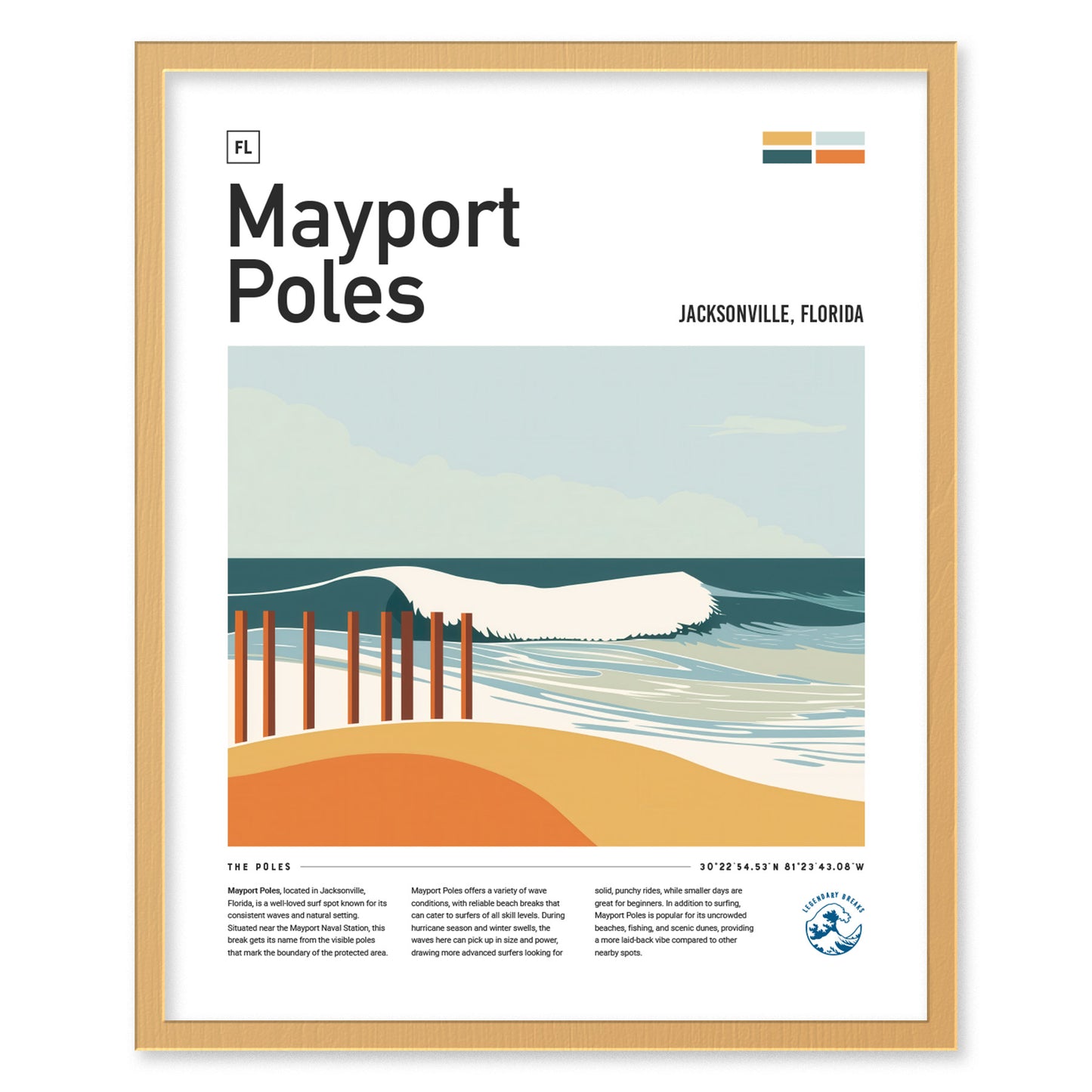 A framed poster titled Mayport Poles features an illustration of a wave breaking near wooden poles on a beach, with text about Jacksonville, Florida.