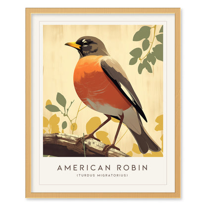 Illustration of an American Robin with a bright orange breast, perched on a branch against a soft background with green and yellow leaves. Framed with a simple wooden border.