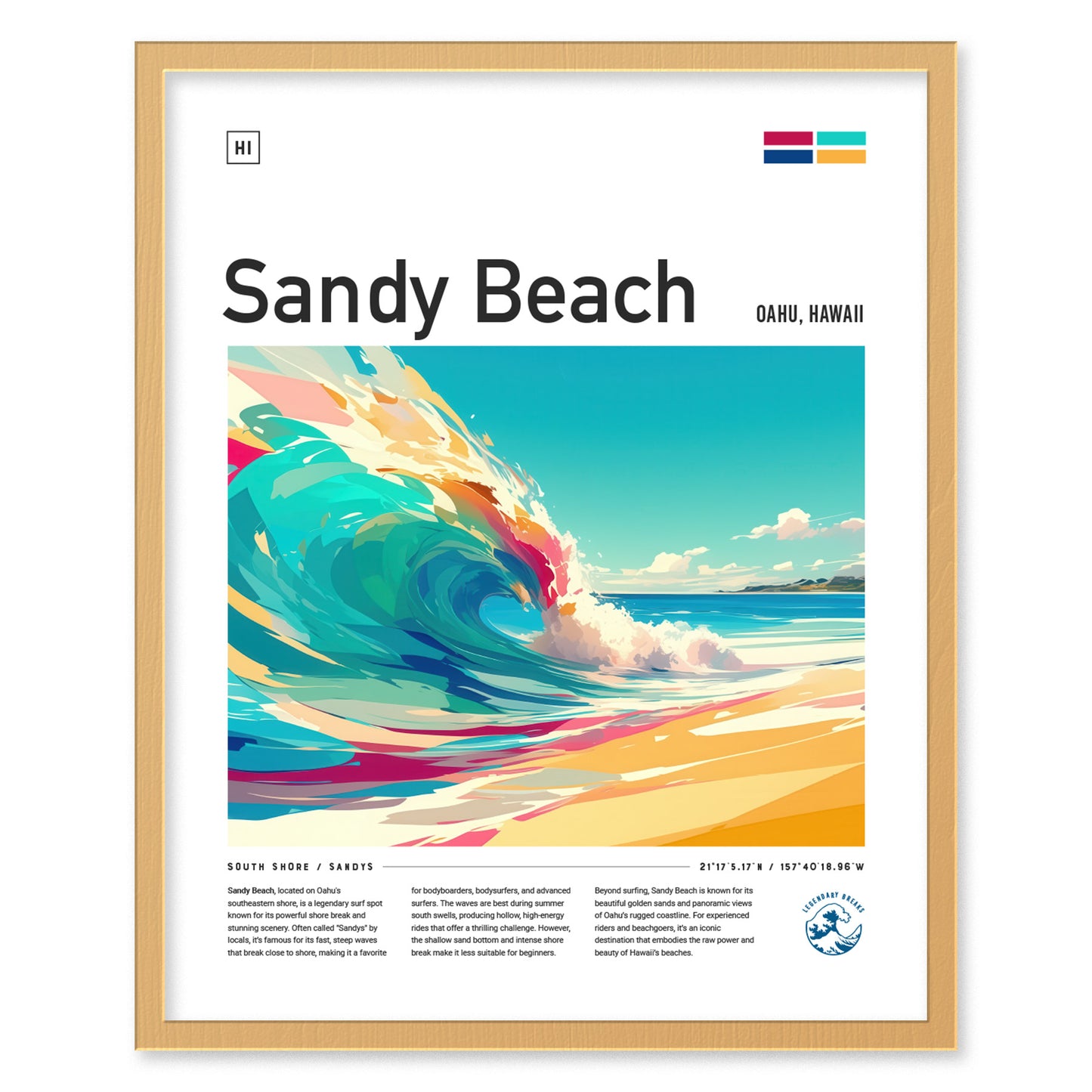 A framed poster titled Sandy Beach features a vibrant, stylized wave in turquoise and warm hues crashing on a sandy shore, under a bright blue sky.