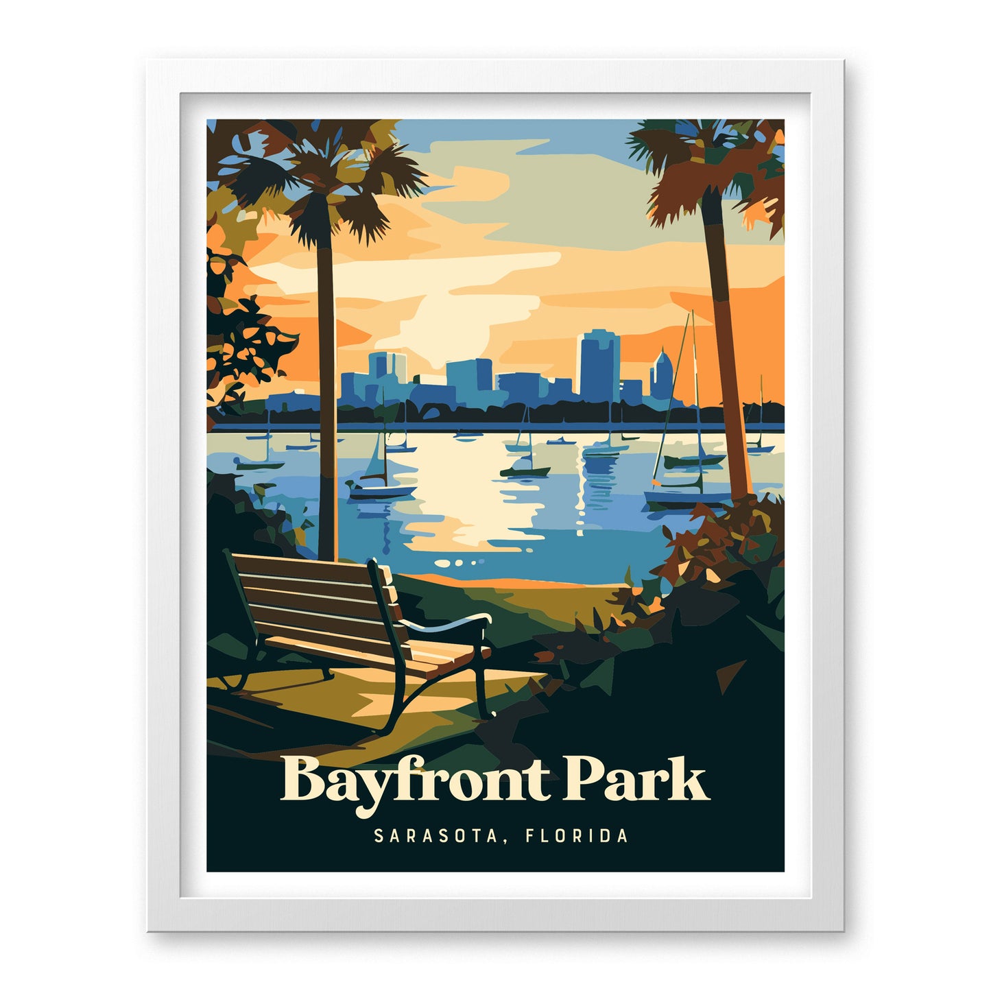 A stylized poster of Bayfront Park in Sarasota, Florida, featuring a bench overlooking calm waters with sailboats and a city skyline at sunset. Palm trees frame the scene, creating a tranquil coastal atmosphere.
