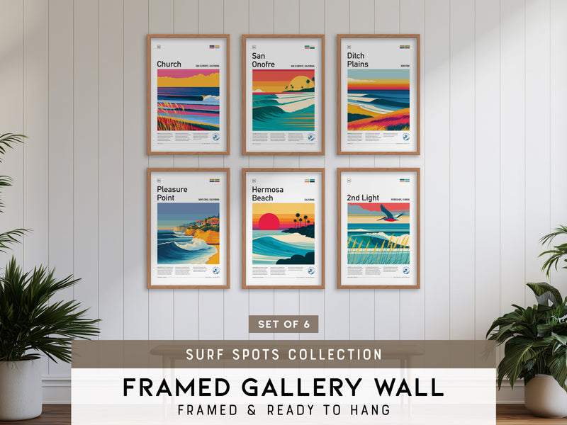 Surf Spots Gallery Wall | 6 Symmetrical Posters Framed Grid Surfer Gift