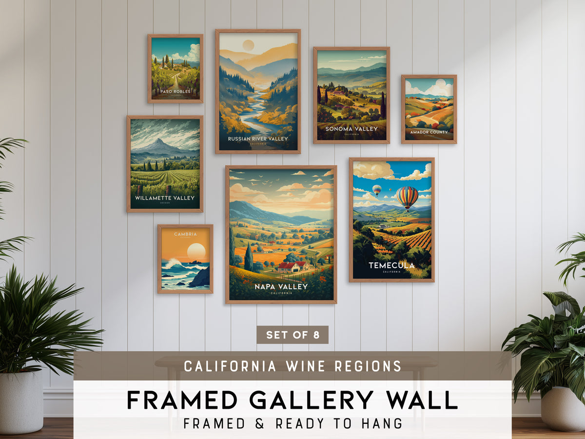 California Wine Country Gallery Wall | Willamette Valley & Paso Robles | Set of 8 Framed Prints