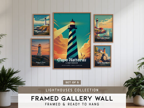 Lighthouses Gallery Wall | Set of 5 | Lighthouse Art | Office Wall Art