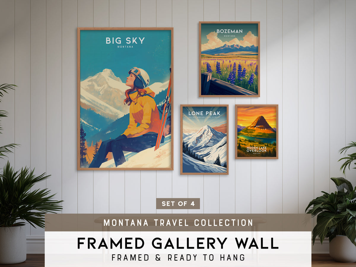 Montana Gallery Wall | Bozeman, Lone Peak & Hidden Lake Overlook | Set of 4 Framed Prints
