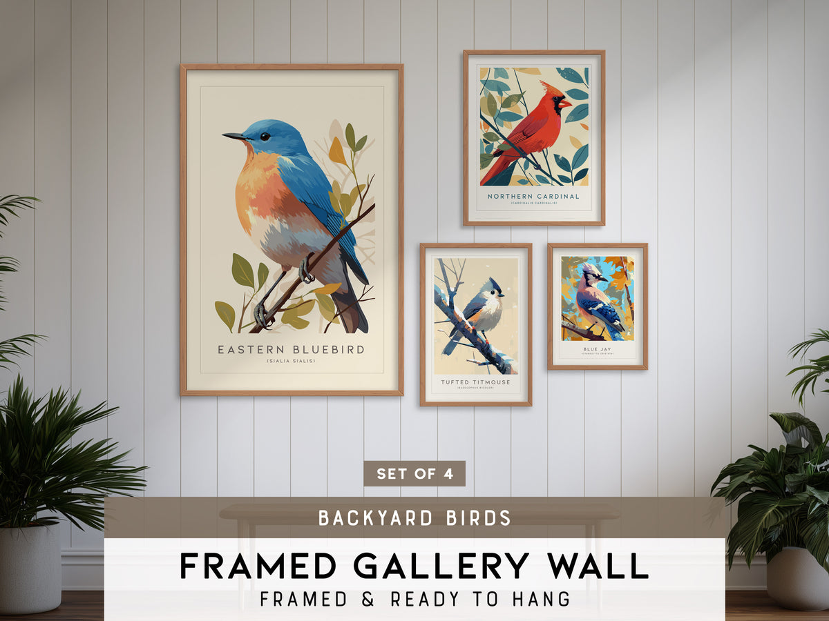 Backyard Songbirds Gallery Wall | Cardinal & Tufted Titmouse | Set of 4 Framed Bird Prints