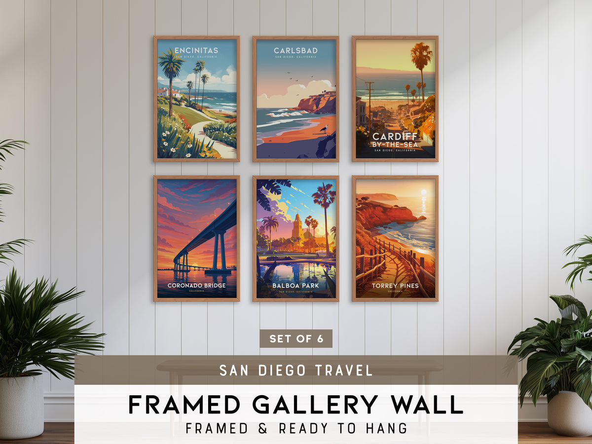San Diego Gallery Wall | Carlsbad, Cardiff & Coronado Bridge | Set of 6 Matching Framed Prints