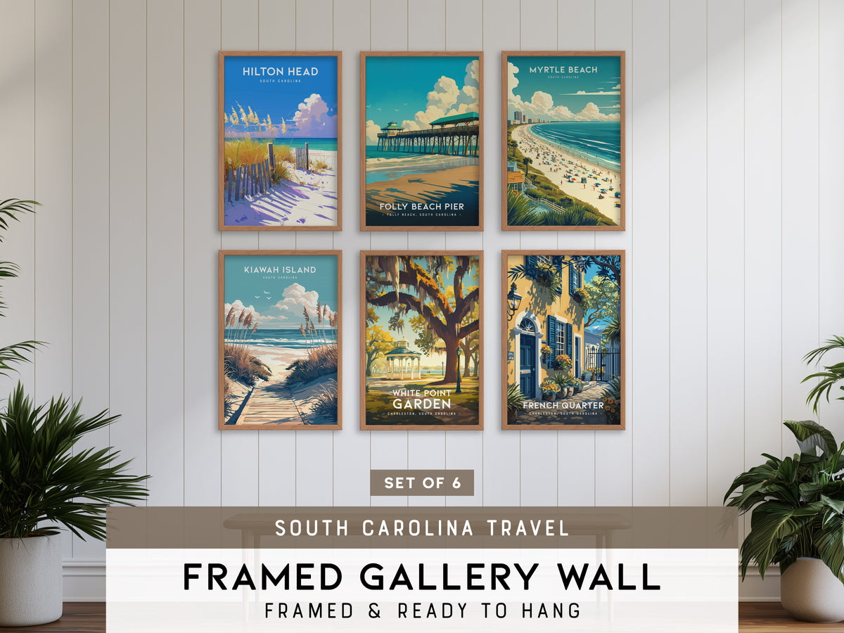 South Carolina Gallery Wall | Folly Beach Pier & Myrtle Beach | Set of 6 Matching Framed Prints