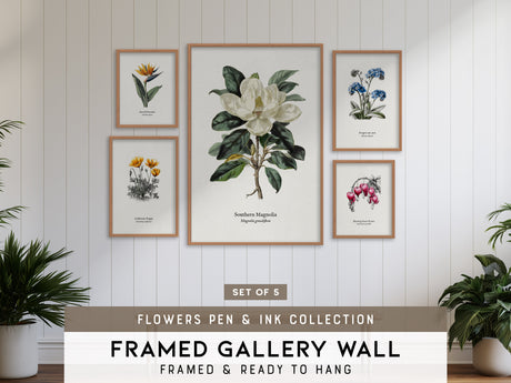 Flowers Pen & Ink Gallery Wall | Set of 5 | Botanical Prints | Office Wall Art