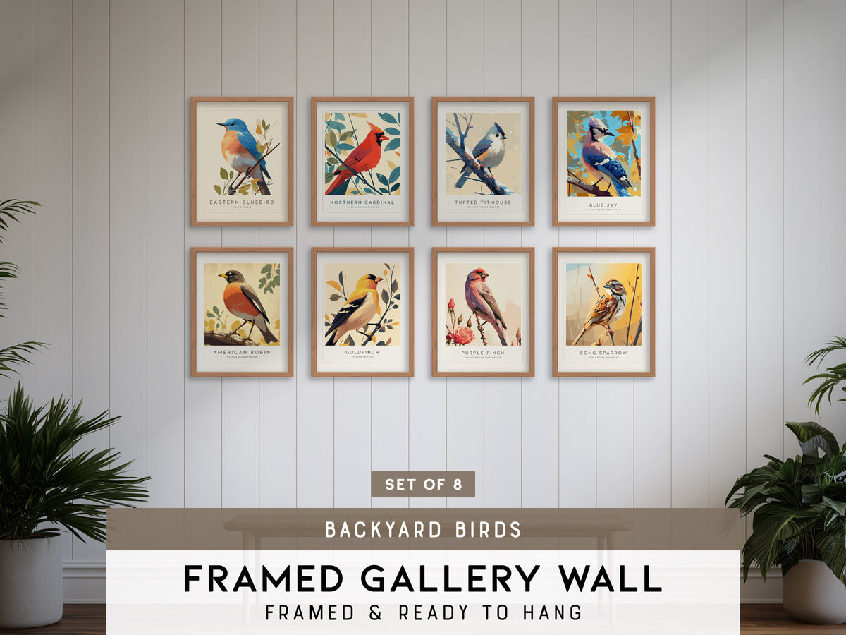 Backyard Songbirds Gallery Wall | American Goldfinch | Set of 8 Matching Framed Bird Prints