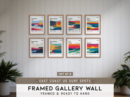 East Coast US Surf Spots Gallery Wall | Outer Banks Pier | Set of 8 Matching Framed Surf Prints