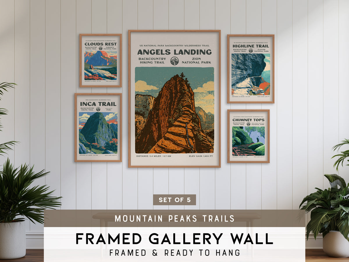 Mountain Peaks Trails Gallery Wall | Inca Trail & Clouds Rest | Set of 5 Framed Trail Prints