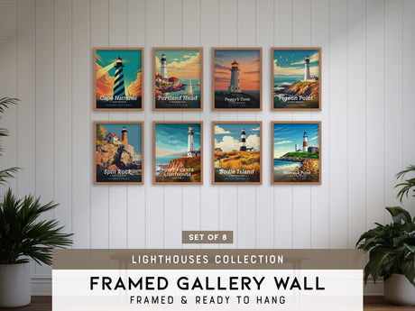 Lighthouses Gallery Wall | Set of 8 | Lighthouse Art | Bedroom Wall Art