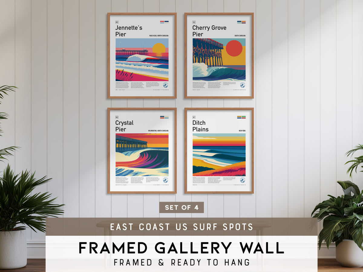 East Coast US Surf Spots Gallery Wall | Crystal Pier | Set of 4 Matching Framed Surf Prints