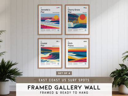 East Coast US Surf Spots Gallery Wall | Crystal Pier | Set of 4 Matching Framed Surf Prints