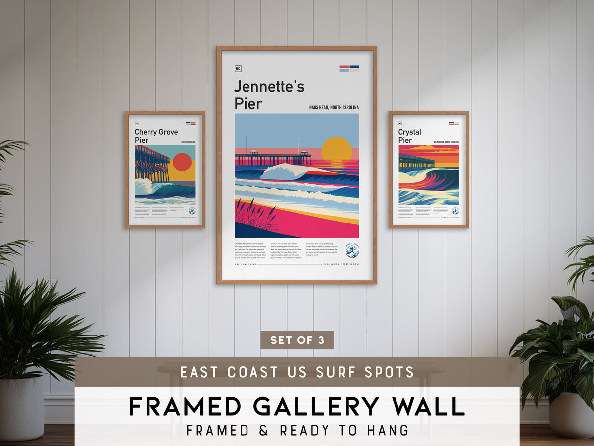 East Coast US Surf Spots Gallery Wall | Jennette's Pier | Set of 3 Framed Surf Prints
