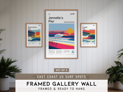 East Coast US Surf Spots Gallery Wall | Jennette's Pier | Set of 3 Framed Surf Prints