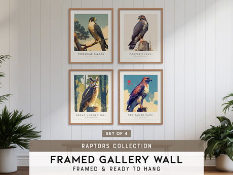 Birds of Prey - Raptors Gallery Wall | Great Horned Owl | Set of 4 Matching Framed Bird Prints
