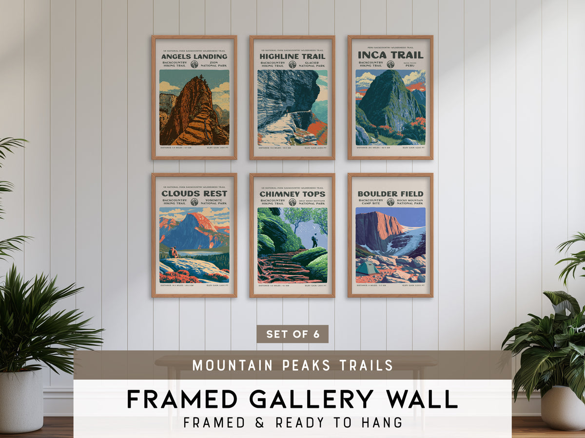 Mountain Peaks Trails Gallery Wall | Highline Trail | Set of 6 Matching Framed Trail Prints