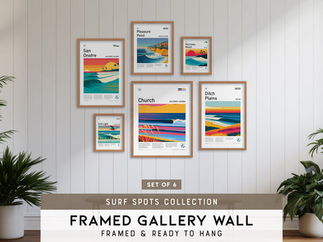 Surf Spots Gallery Wall | 6 Custom Beach Posters Framed Surfer Gift