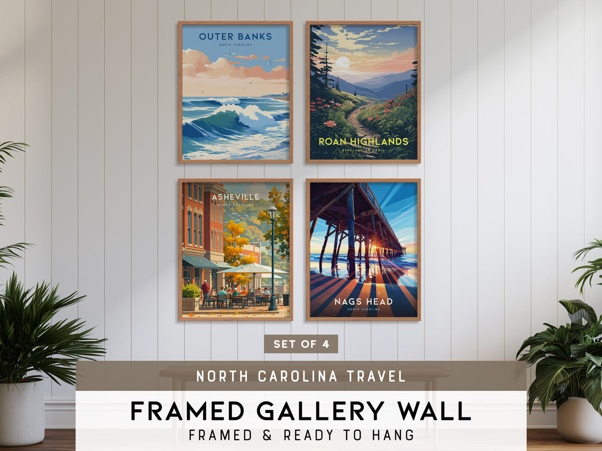 North Carolina Gallery Wall | Asheville & Nags Head | Set of 4 Matching Framed Prints