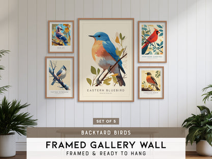Backyard Songbirds Gallery Wall | Tufted Titmouse & Blue Jay | Set of 5 Framed Bird Prints