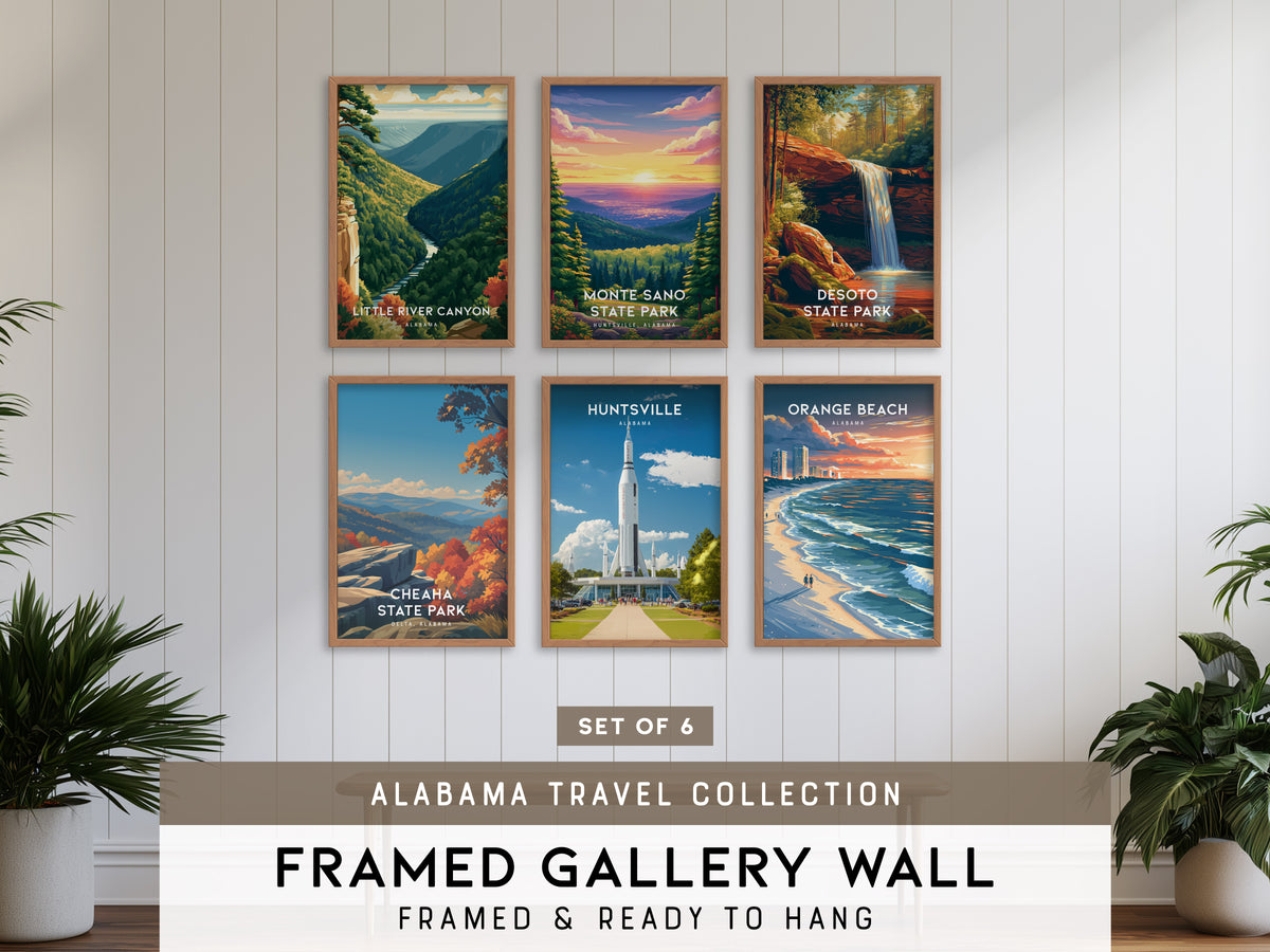 Alabama Travel Collection | Gallery Wall Set of 6 | Framed Wall Decor | Pen & Ink