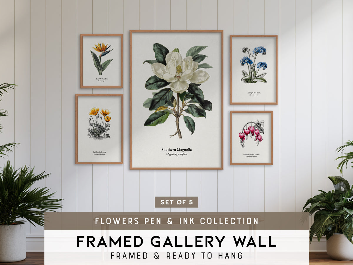 Flowers Pen & Ink Gallery Wall | Set of 5 | Botanical Prints | Office Wall Art