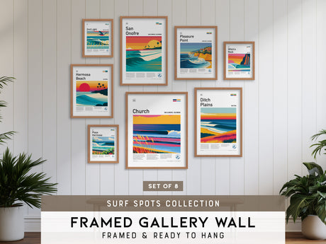 Surf Spots Gallery Wall | 8 Custom Beach Posters Framed Surfer Gift