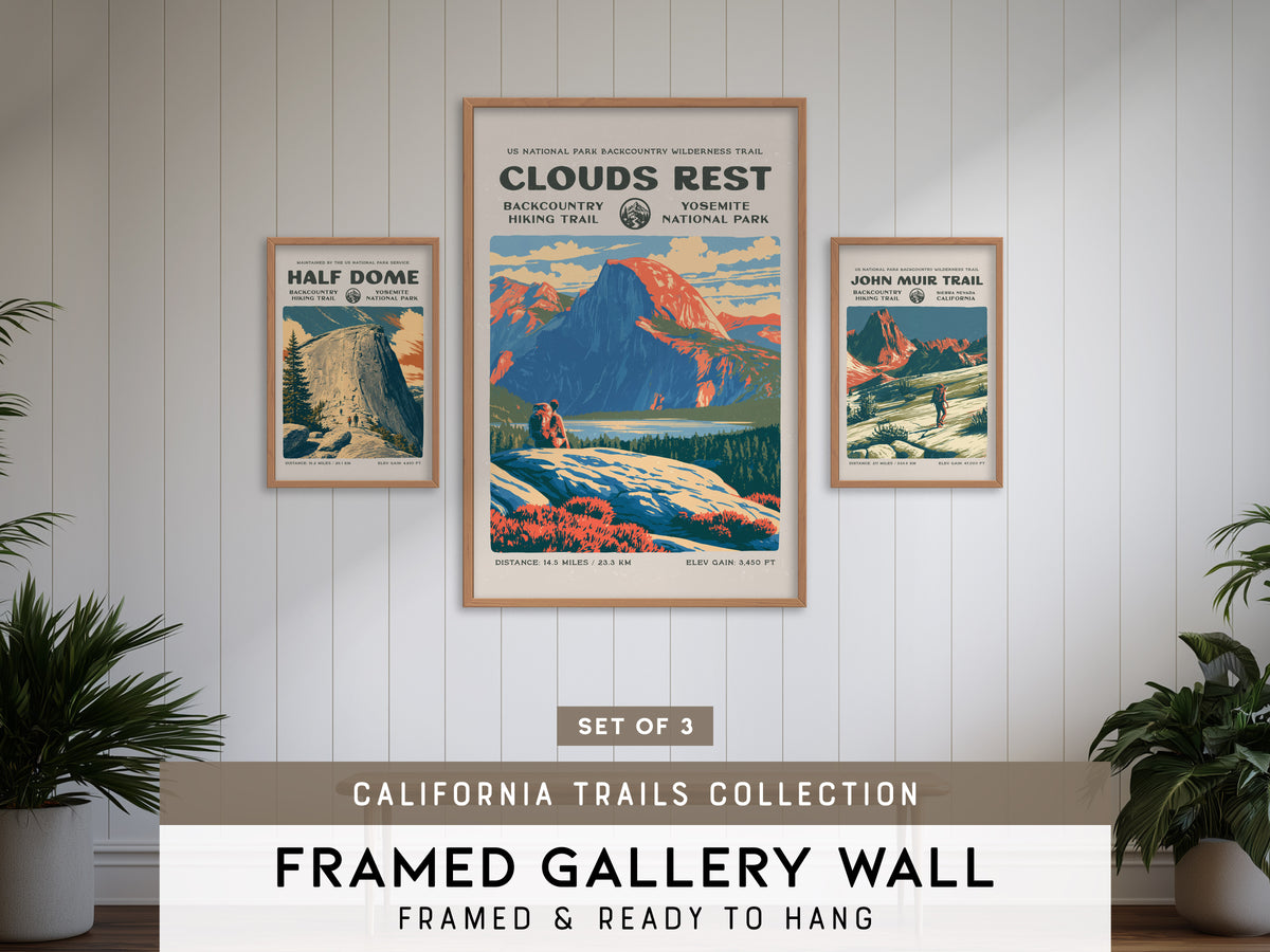 California Trails Gallery Wall | Clouds Rest & Half Dome | Set of 3 Framed Trail Prints