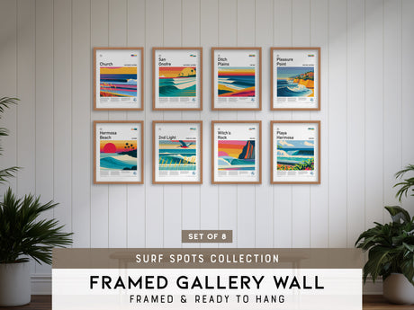 Surf Spots Gallery Wall | 8 Symmetrical Posters Framed Grid Surfer Gift