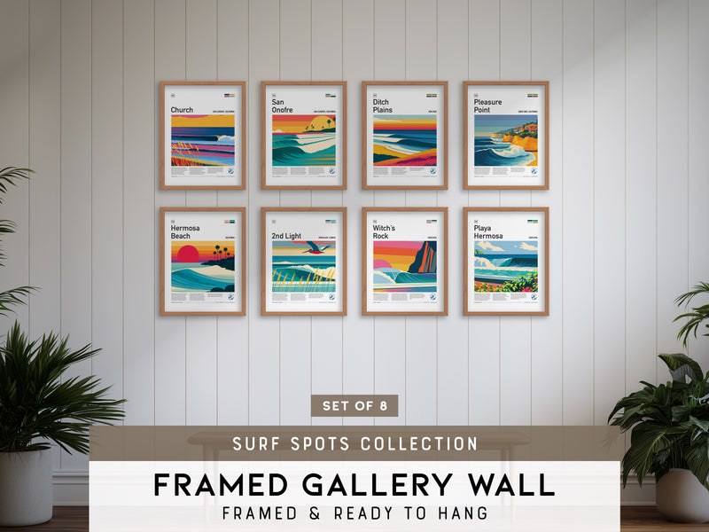 Surf Spots Gallery Wall | 8 Symmetrical Posters Framed Grid Surfer Gift