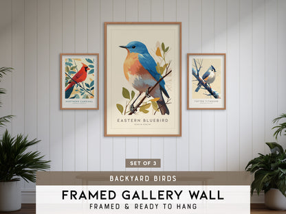 Backyard Songbirds Gallery Wall | Eastern Bluebird & Cardinal | Set of 3 Framed Bird Prints