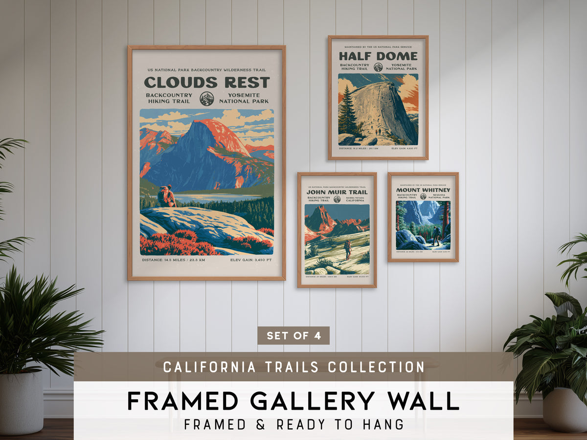 California Trails Gallery Wall | Half Dome & John Muir Trail | Set of 4 Framed Trail Prints