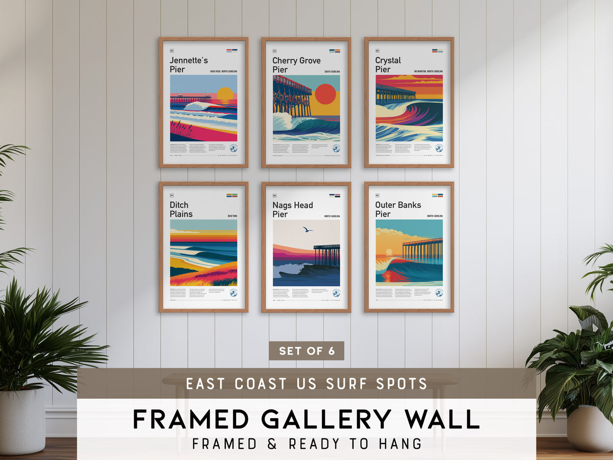 East Coast US Surf Spots Gallery Wall | Cherry Grove Pier | Set of 6 Matching Framed Surf Prints