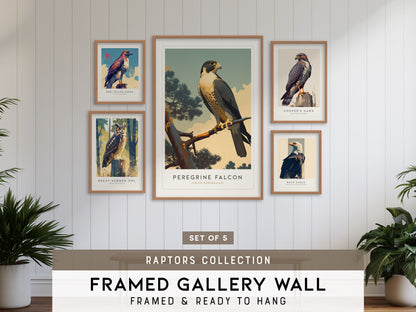 Birds of Prey - Raptors Gallery Wall | Great Horned Owl | Set of 5 Framed Bird Prints