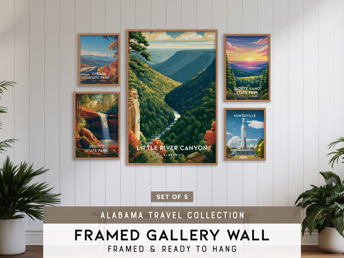 Alabama Travel Collection | Gallery Wall Set of 5 | Framed Print Set | Pen & Ink