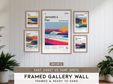 East Coast US Surf Spots Gallery Wall | Crystal Pier | Set of 5 Framed Surf Prints
