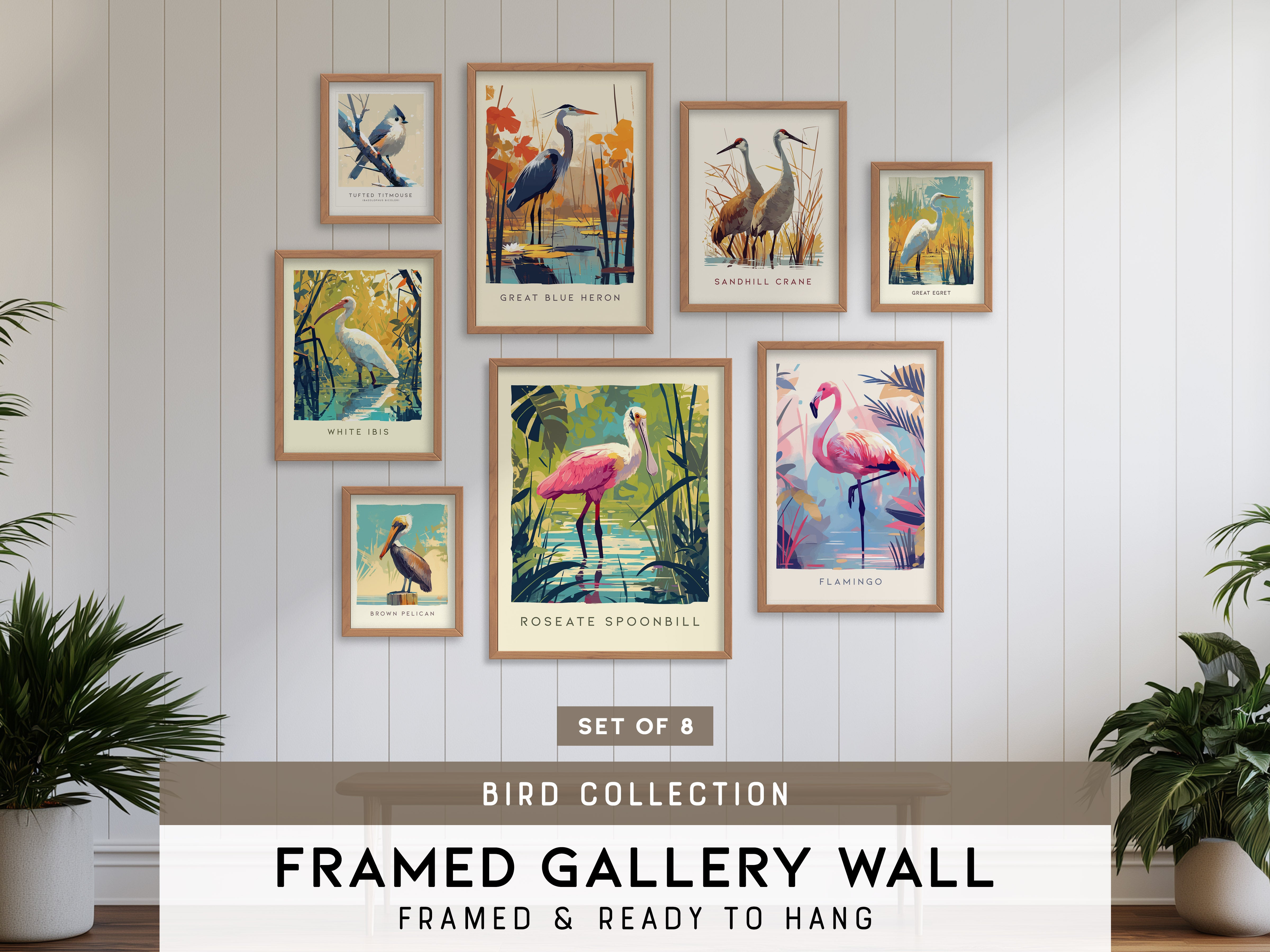 Birds Gallery Wall | White Ibis, Tufted Titmouse & Great Egret