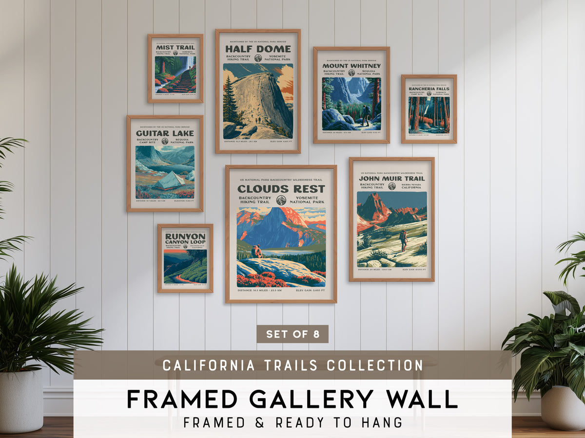 California Trails Gallery Wall | Guitar Lake & Mist Trail | Set of 8 Framed Trail Prints