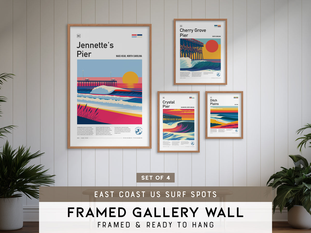 East Coast US Surf Spots Gallery Wall | Cherry Grove Pier | Set of 4 Framed Surf Prints