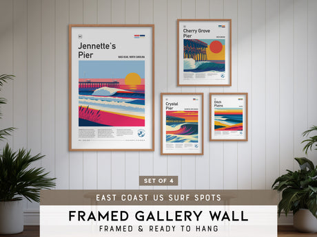 East Coast US Surf Spots Gallery Wall | Cherry Grove Pier | Set of 4 Framed Surf Prints