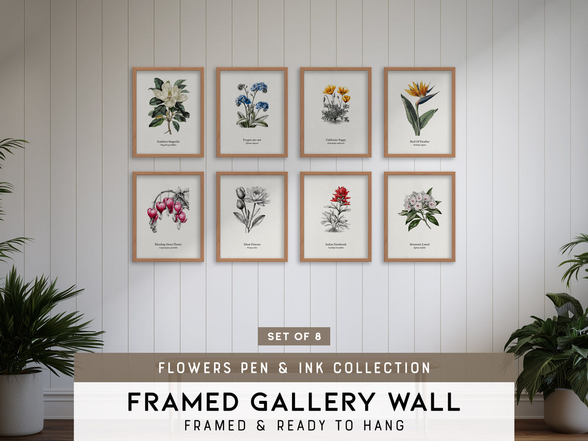 Flowers Pen & Ink Gallery Wall | Set of 8 | Botanical Prints | Bedroom Wall Art