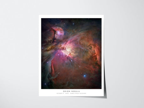 Personalized Hubble birthday print showing Orion Nebula for October 12, unframed giclee poster with caption on a light wall