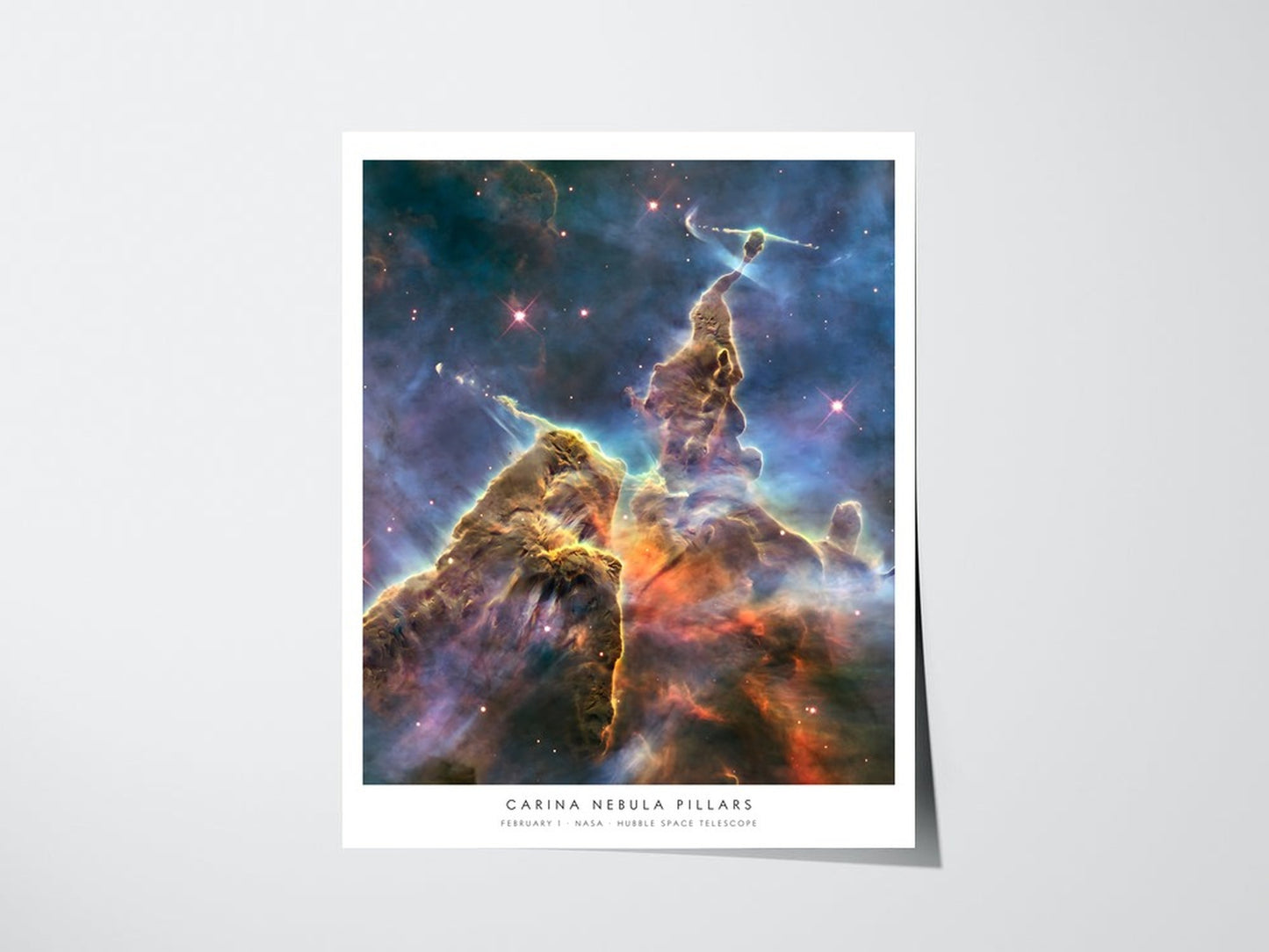 Personalized Hubble birthday print showing Carina Nebula Pillars for February 1, unframed giclee poster with caption on a light wall